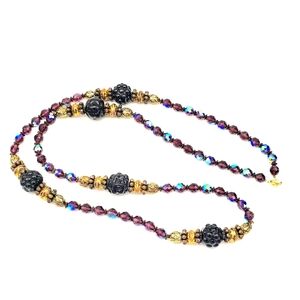 Elegant Beaded Necklace with Black and Purple Accents 44 Inch Glass AB crystals